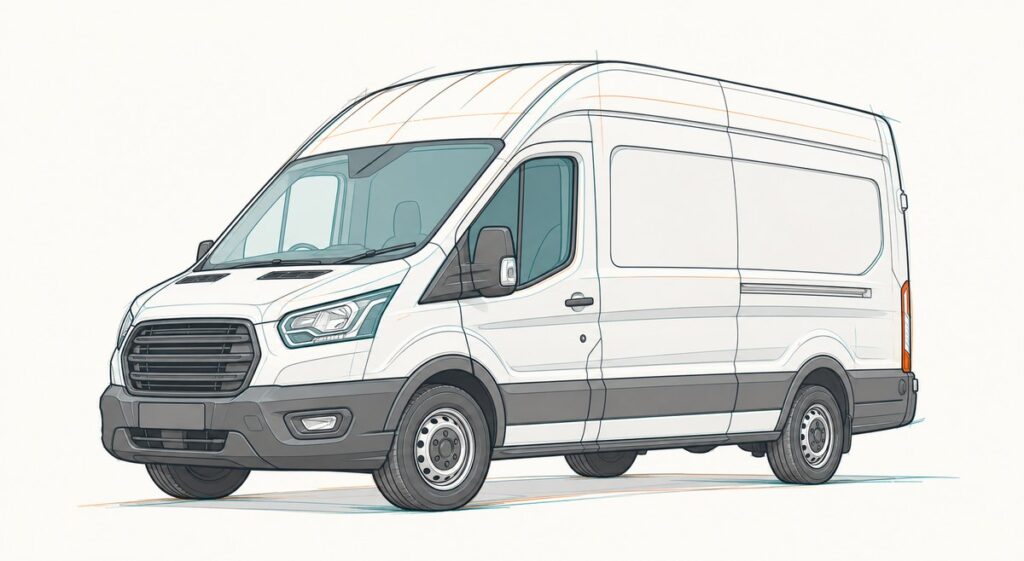 Gezeichnete Skizze eines Ford Transit Kastenwagens