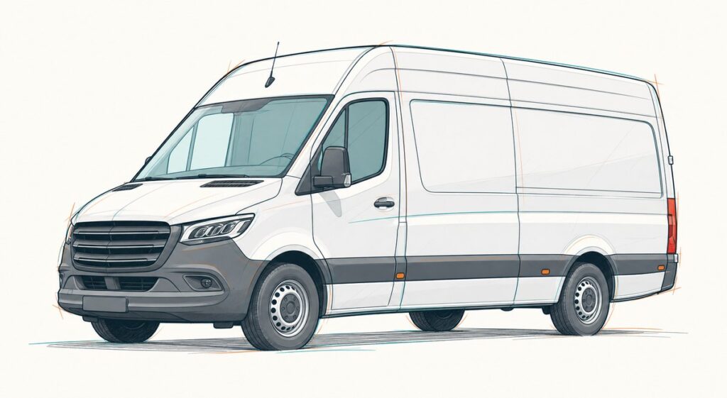 Gezeichnete Skizze eines Mercedes Sprinter Kastenwagens