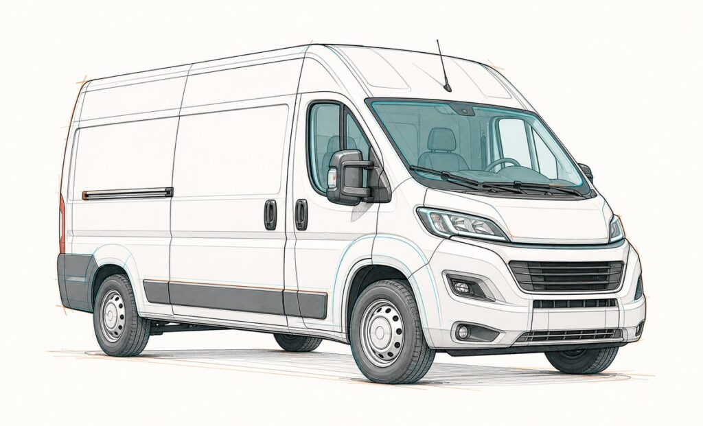 Gezeichnete Skizze eines Kastenwagens auf Stellantis-Basis wie Fiat Ducato, Citroën Jumper, Peugeot Boxer oder Opel Movano