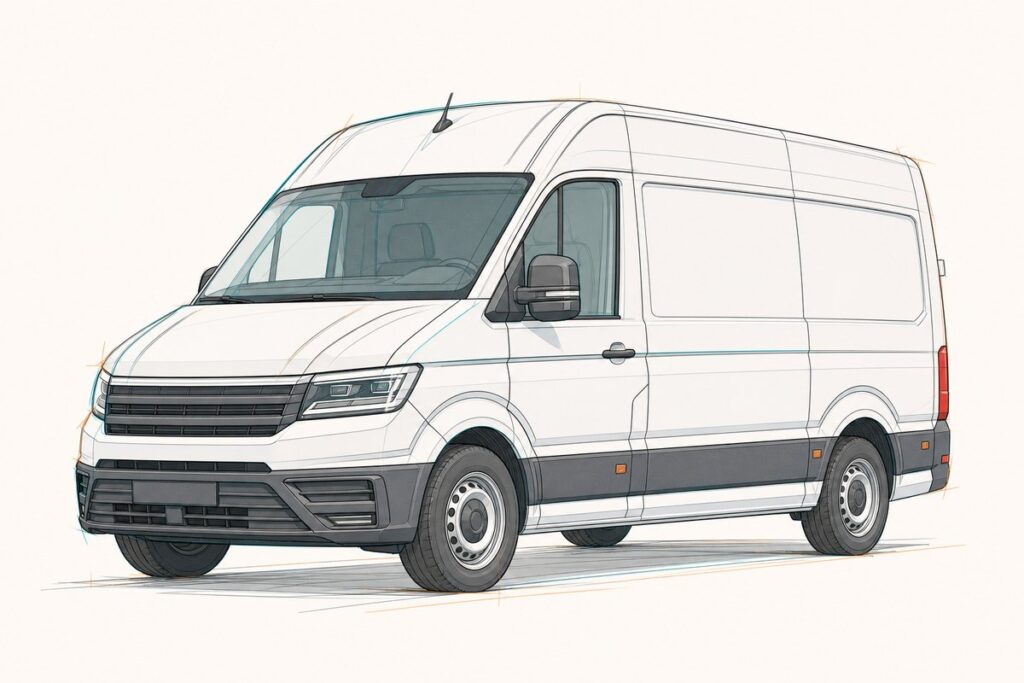 Gezeichnete Skizze eines Kastenwagens wie VW Crafter oder MAN TGE